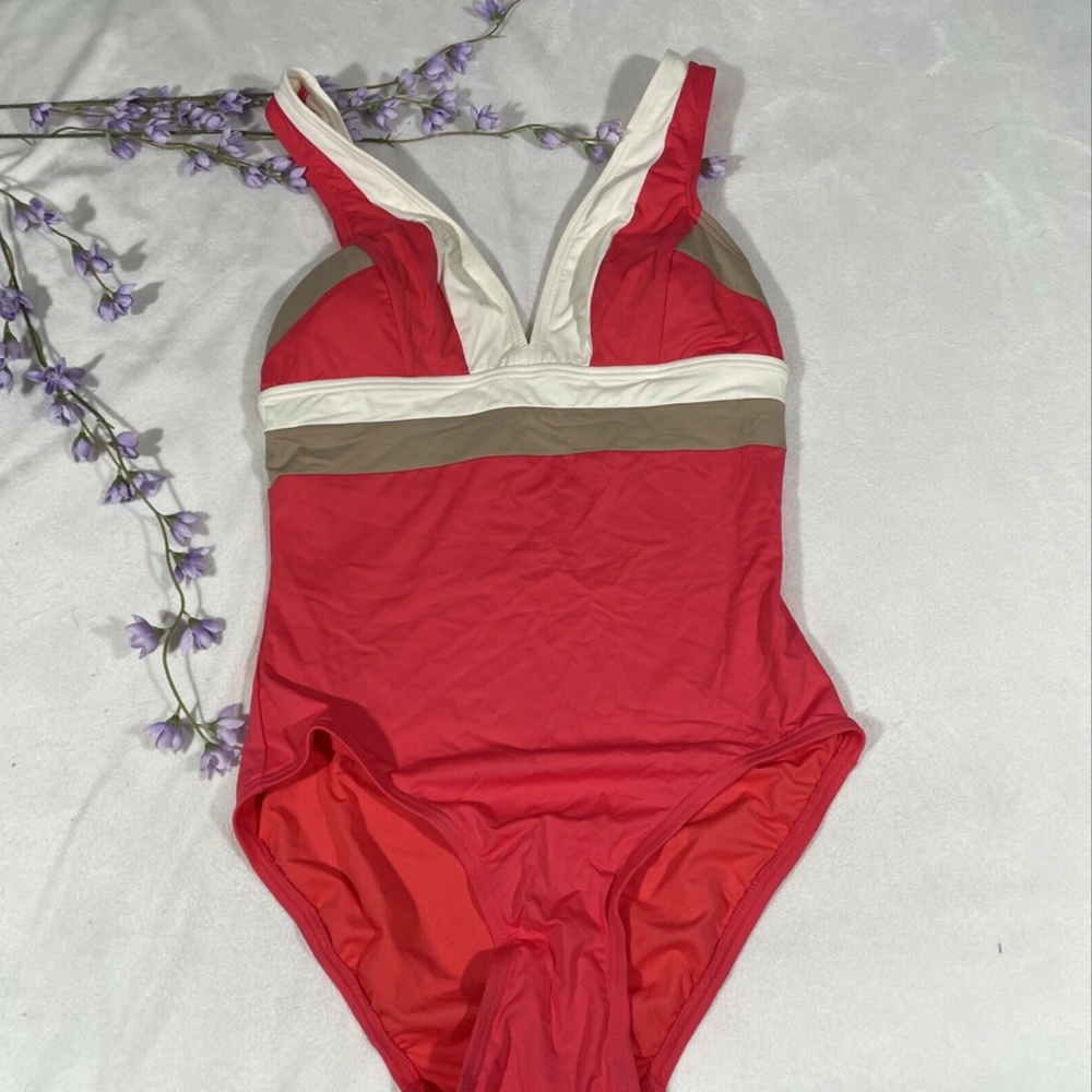 NWT DKNY [SZ 6 ] Colorblock V Neck Maillot One Piece Swimsuit‎ Coral - Picture 2 of 12